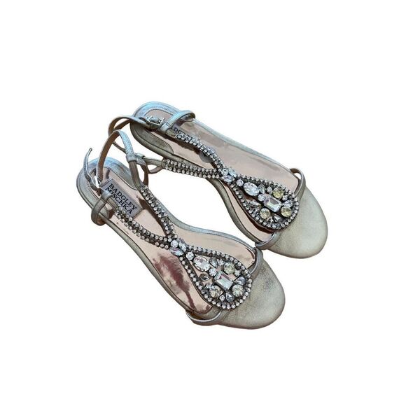 Badgley Mischka Womens Beige Embellished Leather Flat Jeweled Sandals Size 9M - Picture 2 of 8